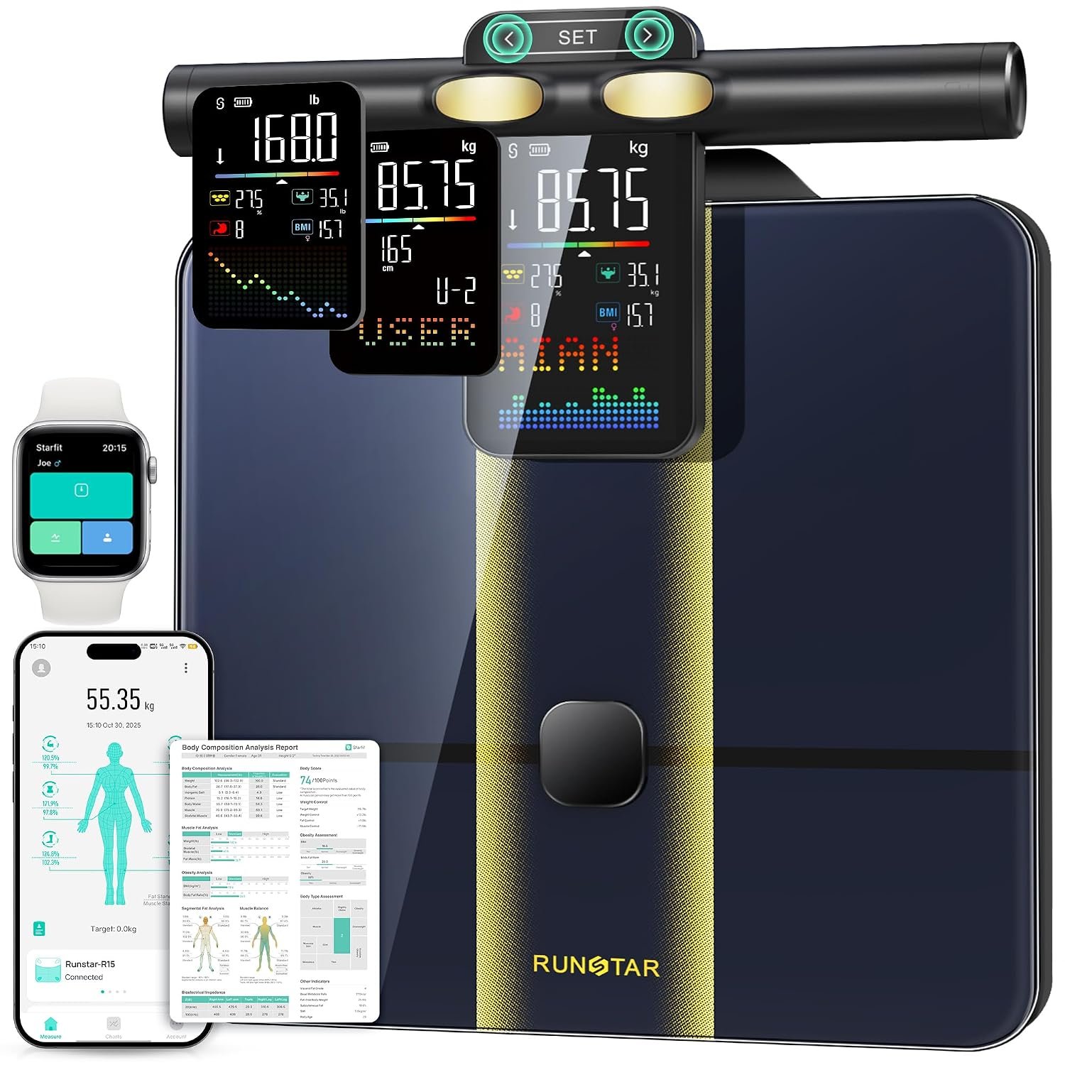 RunStar Smart Scale for Body Weight, 8 Electrodes High Precision Digital Bathroom Scale with Set Functions Handle, Body Composition Scale for Over 50 Metrics, 400lbs, Blue-Black