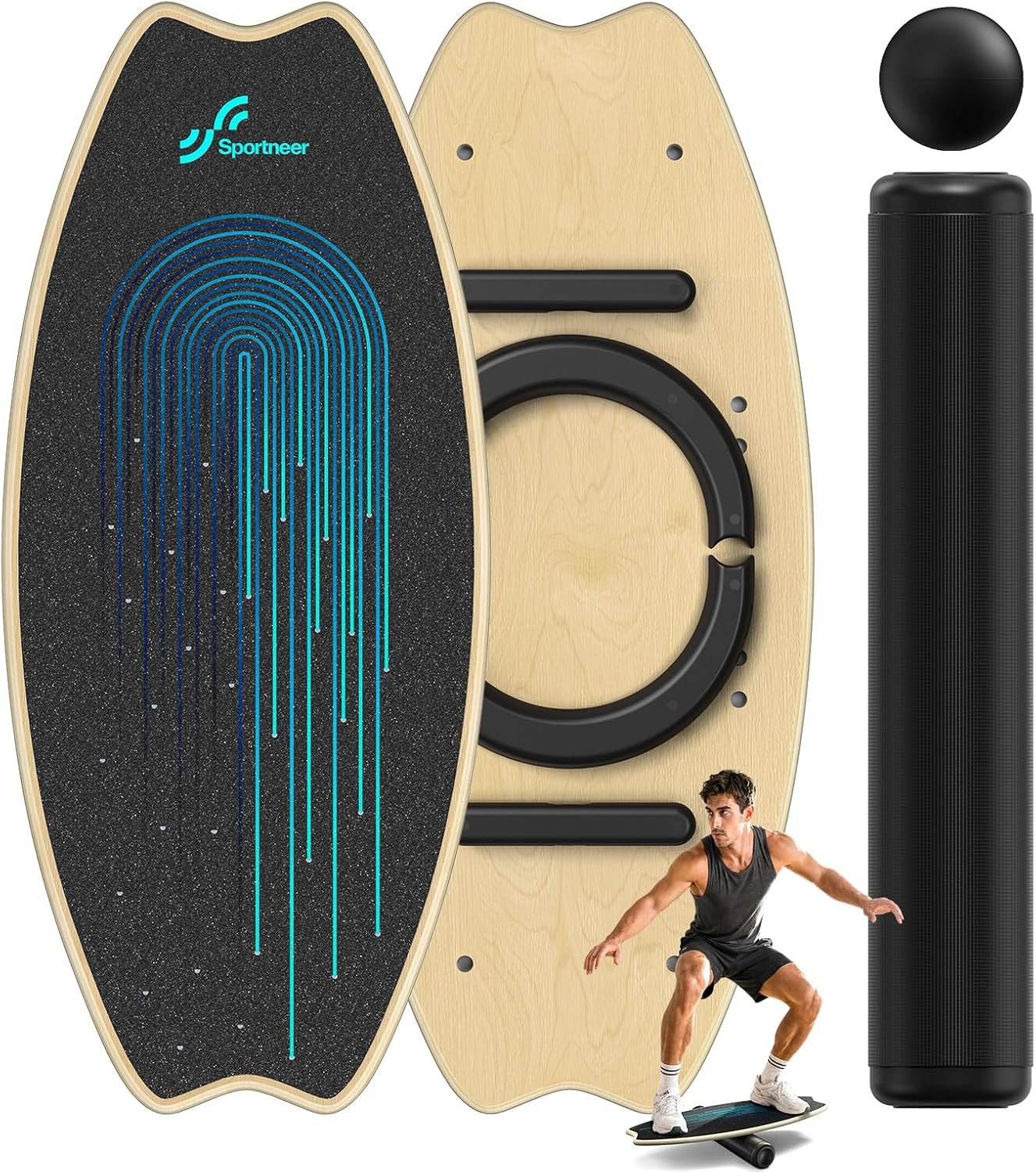 Sportneer Balance Board – 7 Modes Wobble Board with Adjustable Stoppers – Exercise Balancing Stability Trainer for Improve Balance, Surf Trainer & Physical Therapy – Roller and 2.8” Ball Included