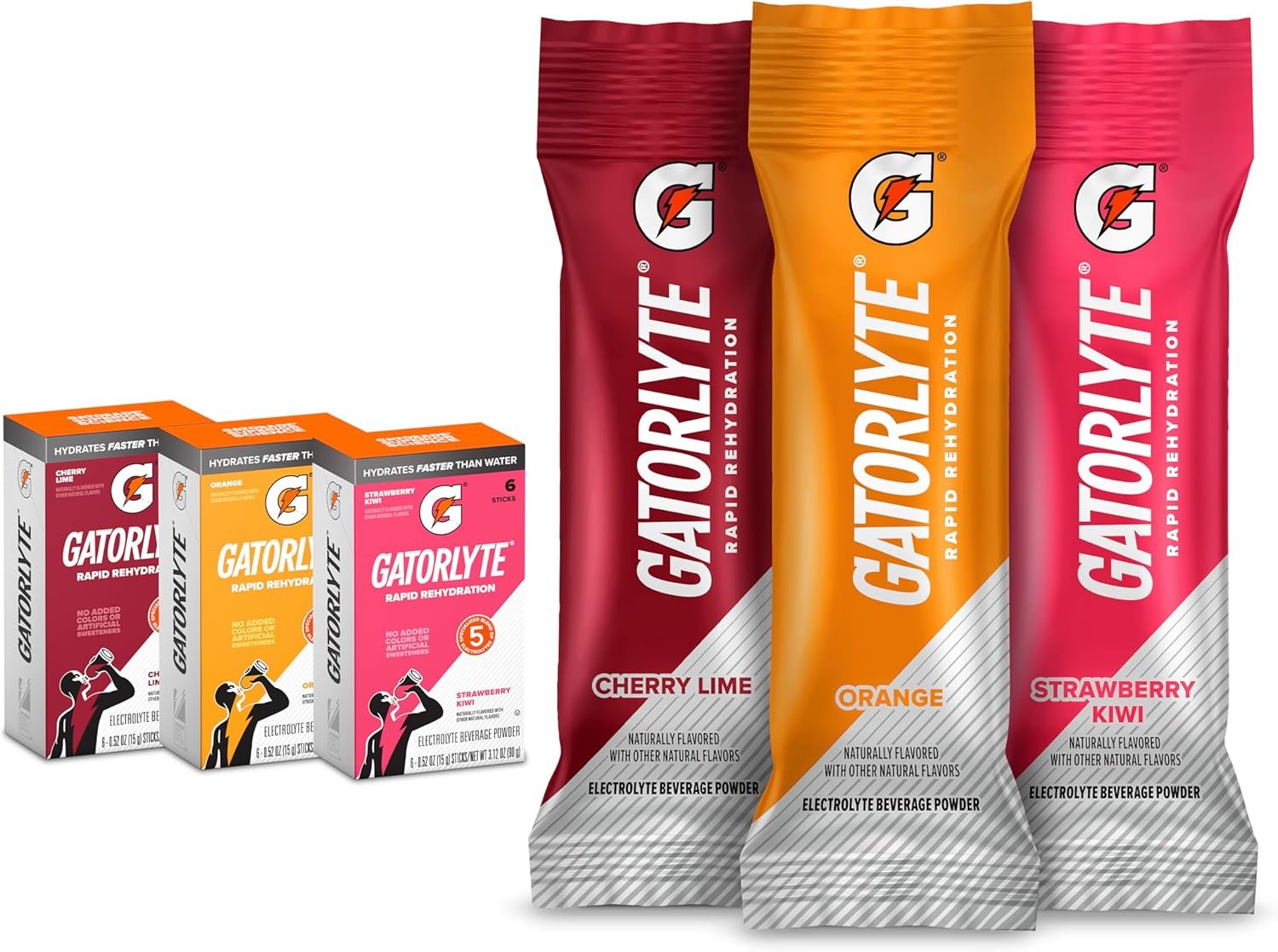 Gatorlyte Rapid Rehydration Electrolyte Beverage, Variety Pack, Lower Sugar, Specialized Blend of 5 Electrolytes, No Artificial Sweeteners or Flavors, 18 pack, 1 pack mixes with 16.9oz (500ml) water