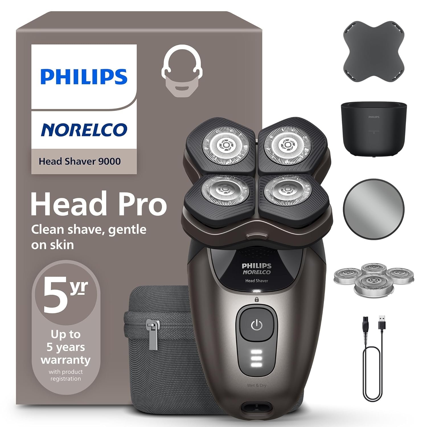 Philips Norelco Head Shaver Pro 9000 Series – Electric Shaver for Men and Women, 360° Flexing Head & ComfortCut Blades for Clean Shave, Gentle on Skin, Model HS9980/40