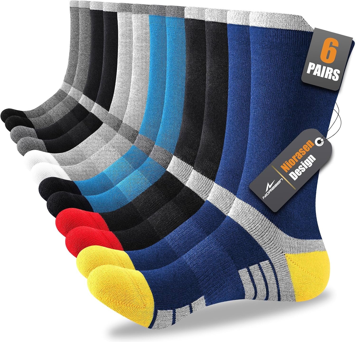 Niorasen 6 Pairs Men’s Cotton Crew Work Boot Socks, Moisture Cushioned Athletic Sports Socks for Hiking Running Workout