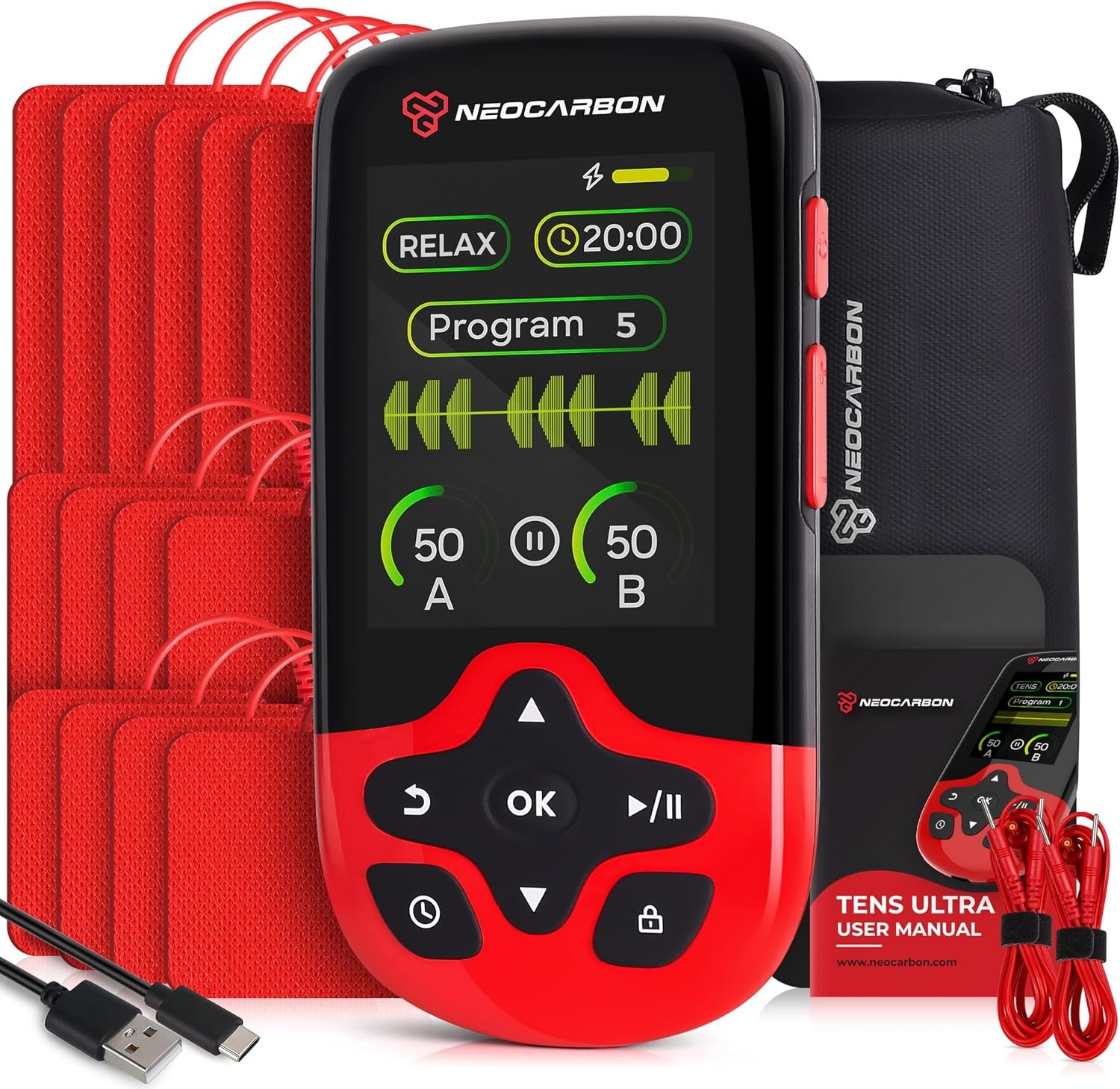 NEOCARBON TENS Unit Muscle Stimulator Ultra for Pain Relief & Recovery, TENS Machine with PMS Steady Mode, Dual Channel Stim Machine for Muscle Therapy, Red