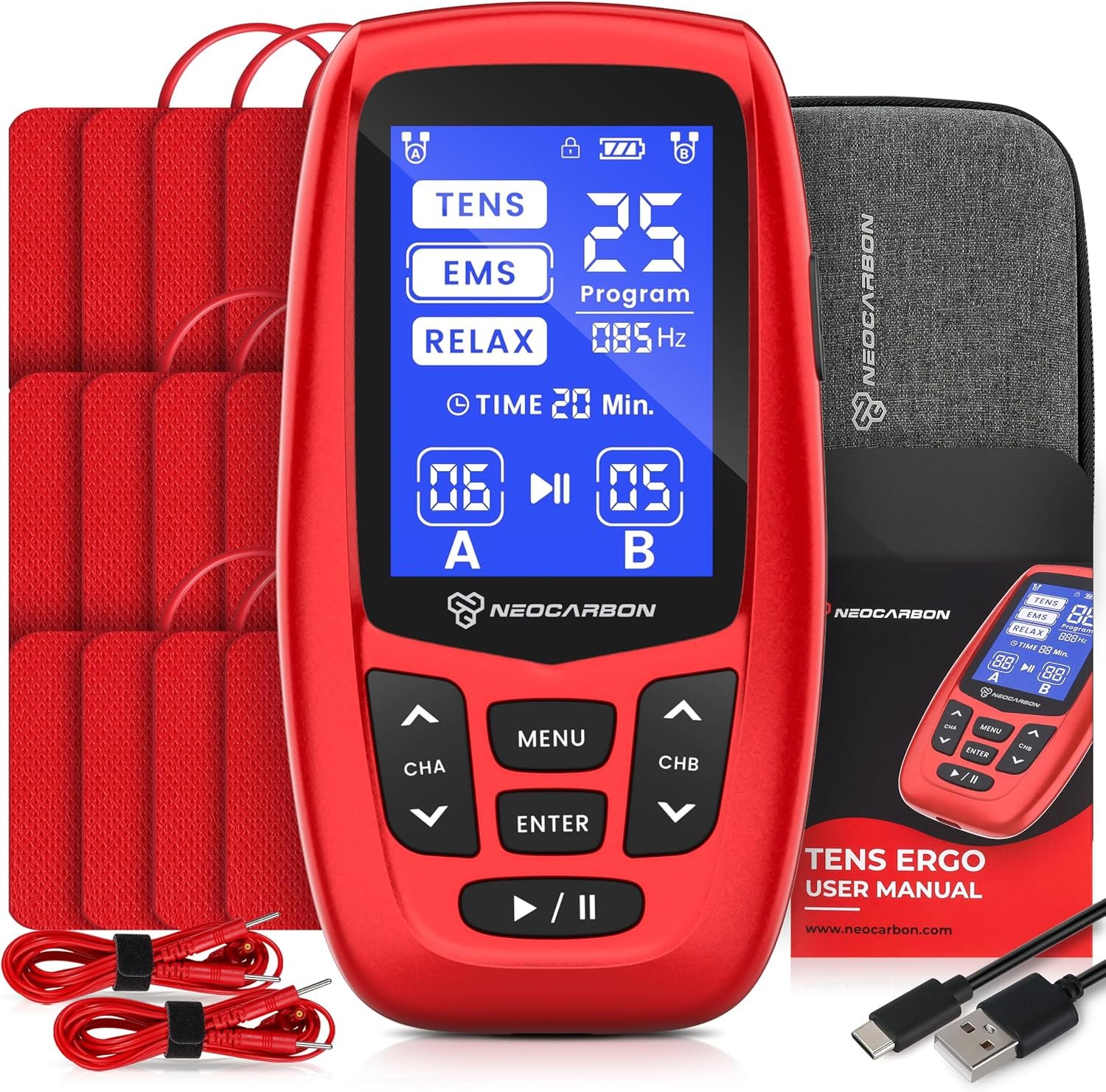 NEOCARBON TENS Unit Muscle Stimulator Ergo Machine for Pain Relief and Muscle Recovery, Electronic Pulse Massager, Medical Grade & Pain Management, Red