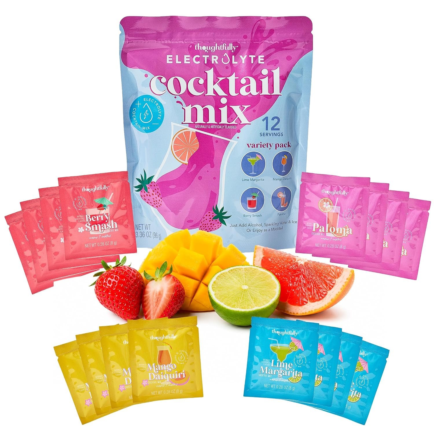 Thoughtfully Electrolyte Cocktail Powder Mix Variety Pack, 12 Single Serve Drink Mix Packets, Low Calorie Hydration Mix for Cocktails & Mocktails, Lime Margarita, Strawberry Smash, Mango Daiquiri, Paloma