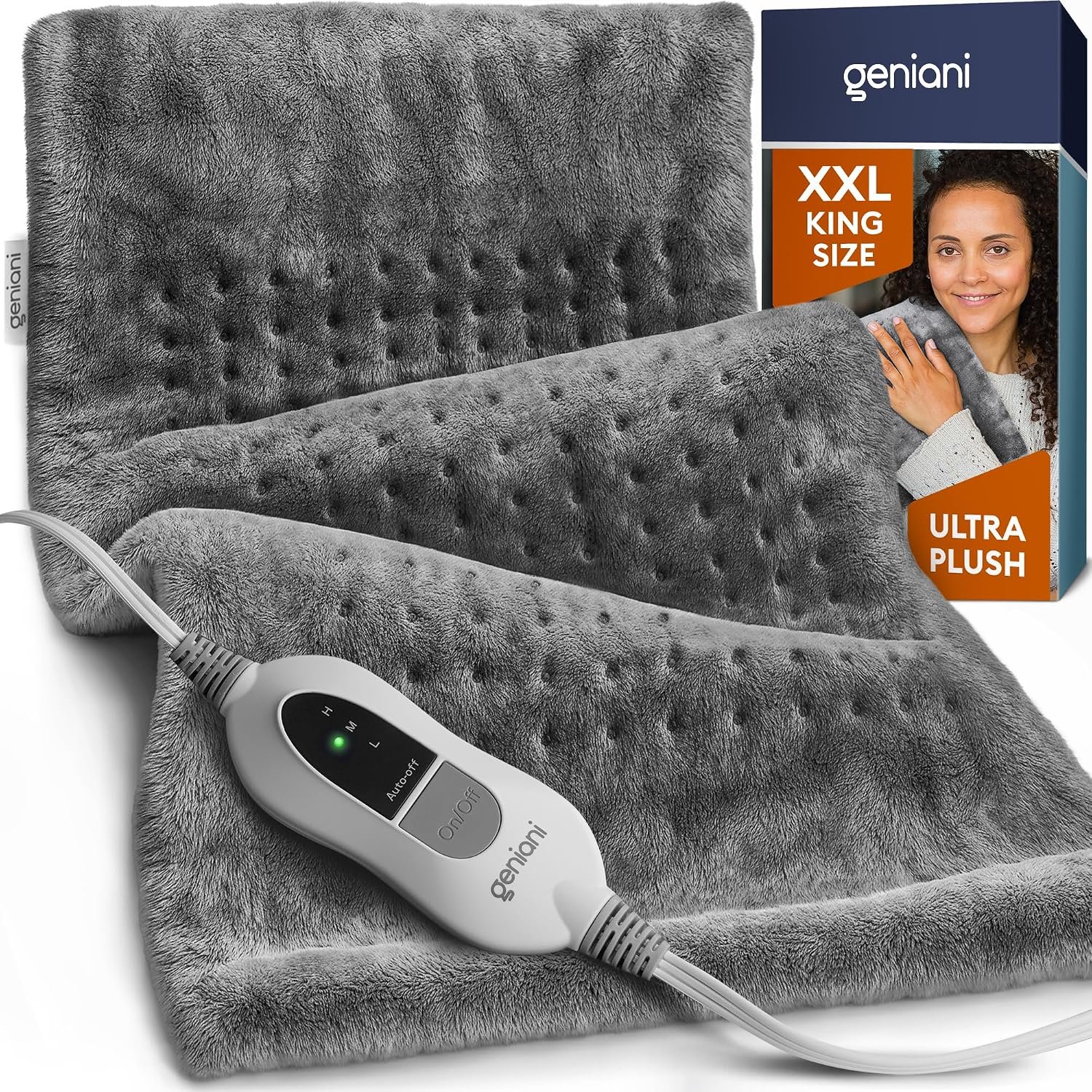 GENIANI XXL 18″x26″ Heating Pad for Back Pain & Cramps Relief, Electric Throw – Auto Shut Off, Machine Washable, Heat Pad, for Women, Men, Heat Patches (Tabby Gray)