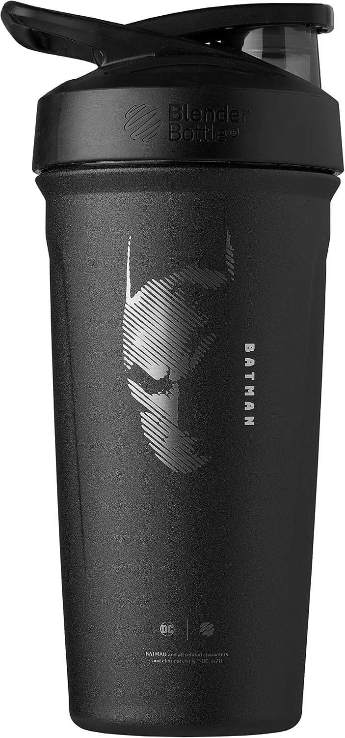 BlenderBottle Justice League Sport Insulated Stainless Steel Shaker Bottle with Wire Whisk, 24-Ounce, Batman – Protein Shakes & Hydration for Athletes & Fitness Enthusiasts, Easy Mixing, Keeps Drinks Cold, Lockable Lid | Insulated
