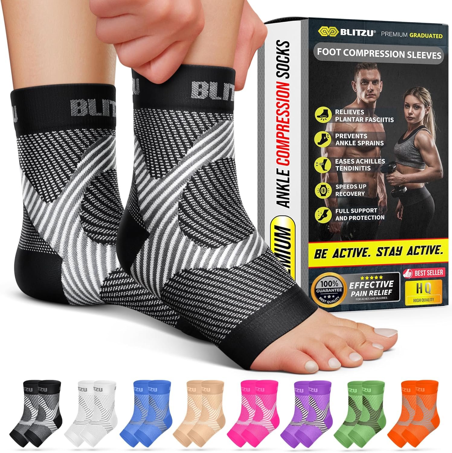 BLITZU Compression Socks for Plantar Fasciitis, Achilles Tendonitis, Arthritis Relief, Ankle Brace Compression Sleeve with Foot Arch Support, Ankle Wrap for Women, Men, Swelling & Heel Pain Black S-M