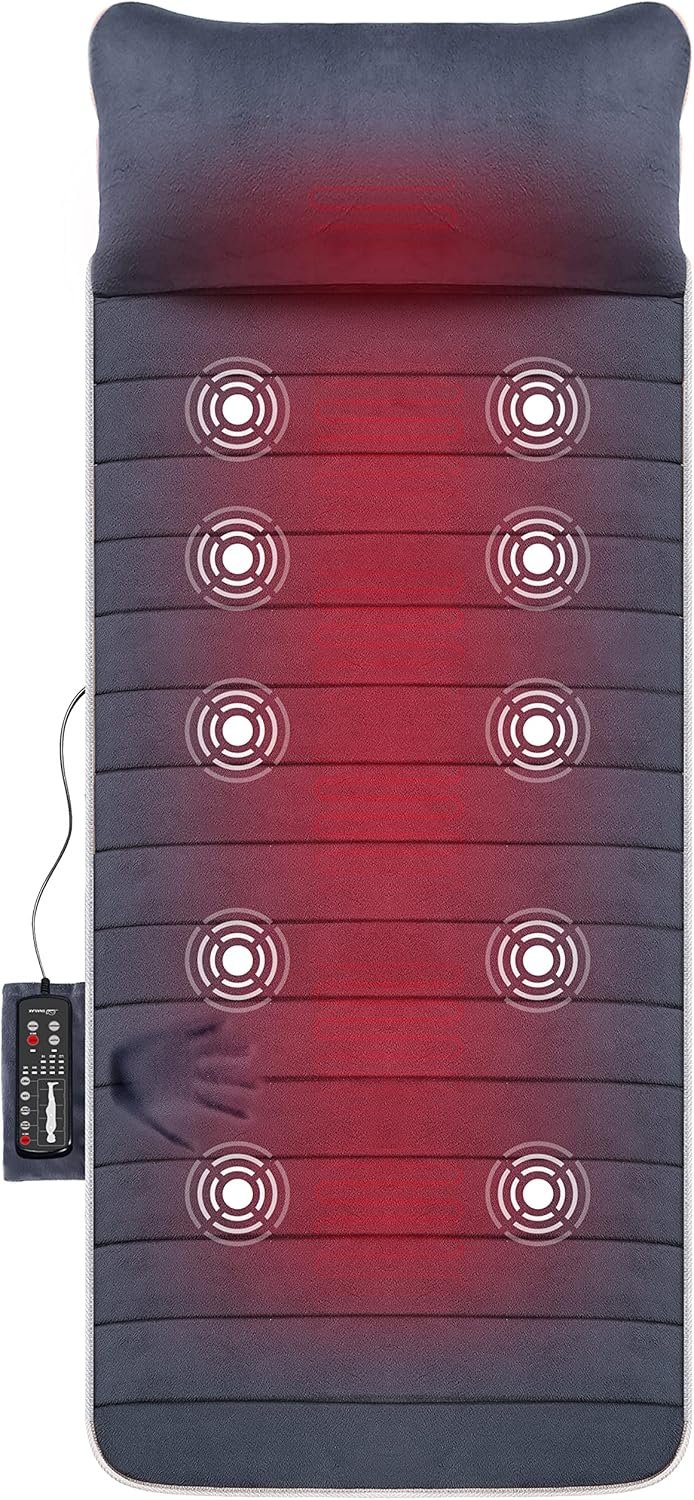 Snailax Memory Foam Massage Mat with Heat, 10 Vibrating Motors Full Body Massager Pad for Back Pain Relief, 6 Heating Pads for Neck, Lumbar, and Leg – Gifts for Mom