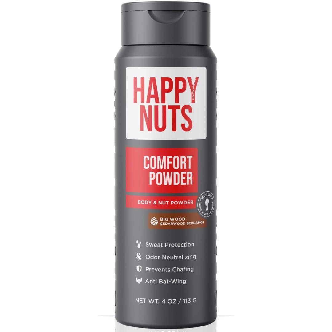 HAPPY NUTS Comfort Powder – Anti Chafing & Deodorant, Aluminum-Free, Sweat and Odor Control for Jock Itch, Groin and Men’s Private 4 Oz (4 Ounce (Pack of 1), Big Wood)