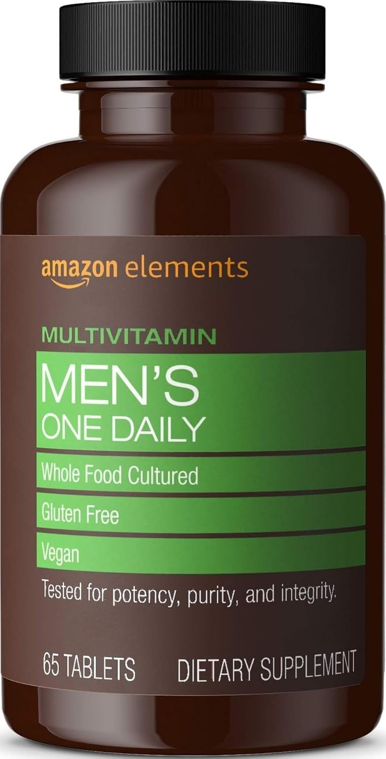 Amazon Basics Men’s One Daily Multivitamin, 62% Whole Food Cultured, Vegan, 65 Tablets, 2 month supply, Packaging May Vary (Previously Amazon Elements)