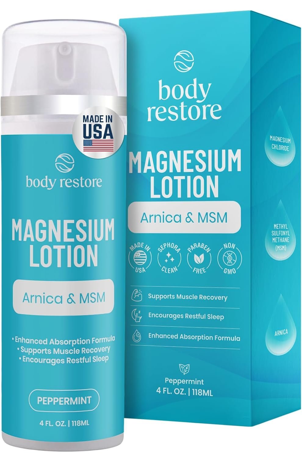 Body Restore Magnesium Lotion, Arnica MSM for Muscles – Peppermint 4 Fl Oz