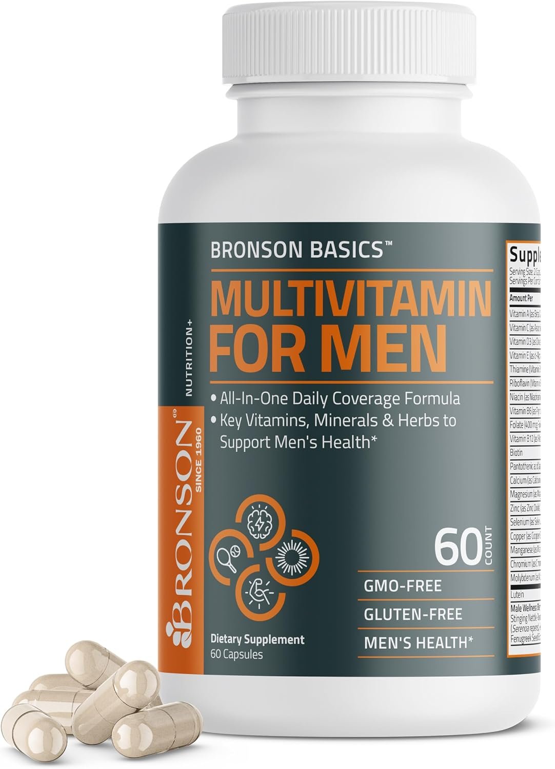 Bronson Multivitamin for Men All-in-One Daily Coverage, 60 Capsules | Once-Daily Men’s Wellness Formula with Immune, Focus & Energy Support, Ashwagandha & Saw Palmetto, Non-GMO & Gluten-Free