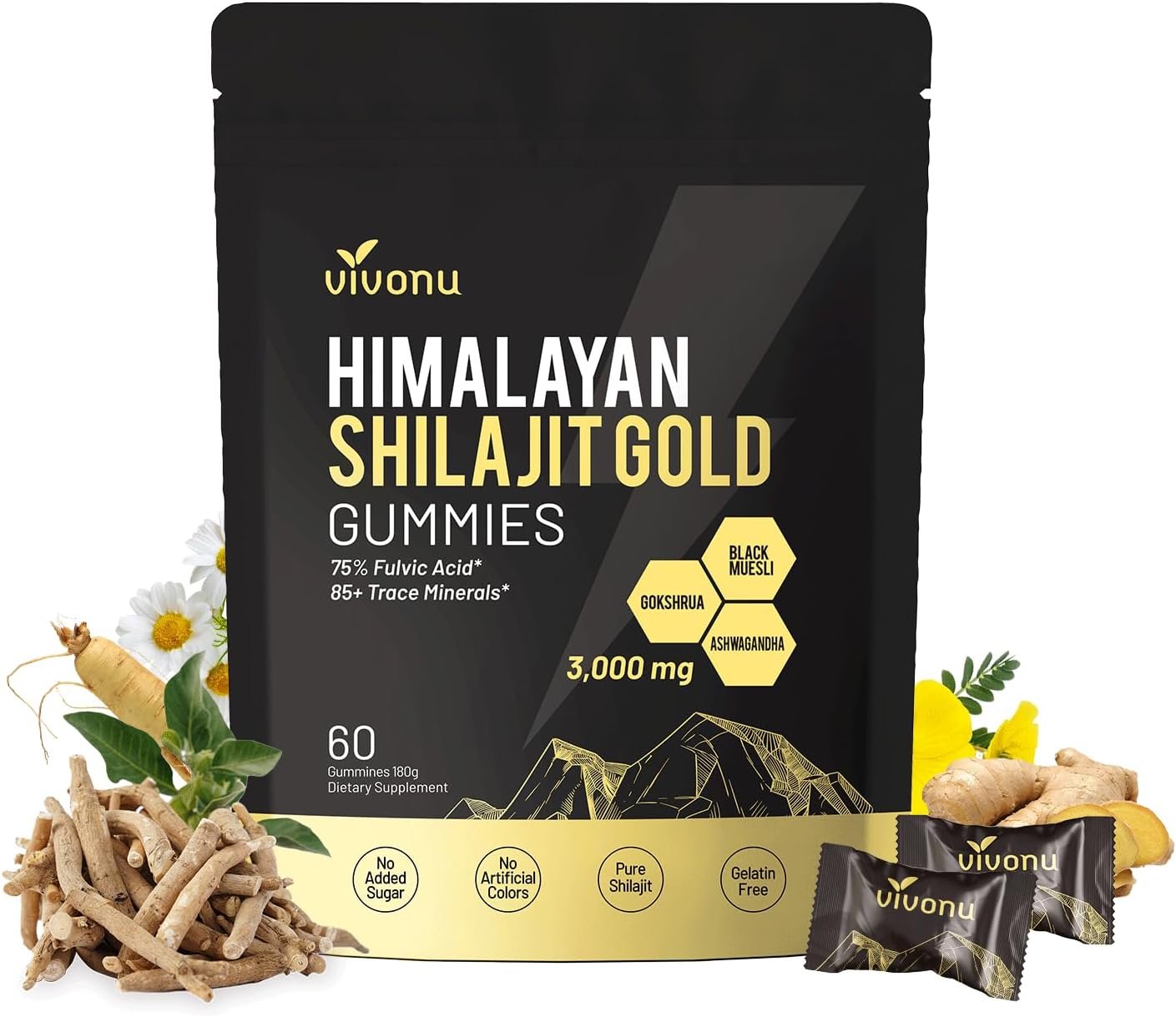 Himalayan Shilajit* Gummies with Ashwagandha & Gokshura | 85+ Trace Minerals & Fulvic Acid | Organic, Non-GMO Micronutrient Supplement for Men & Women | 100% Pure & Natural