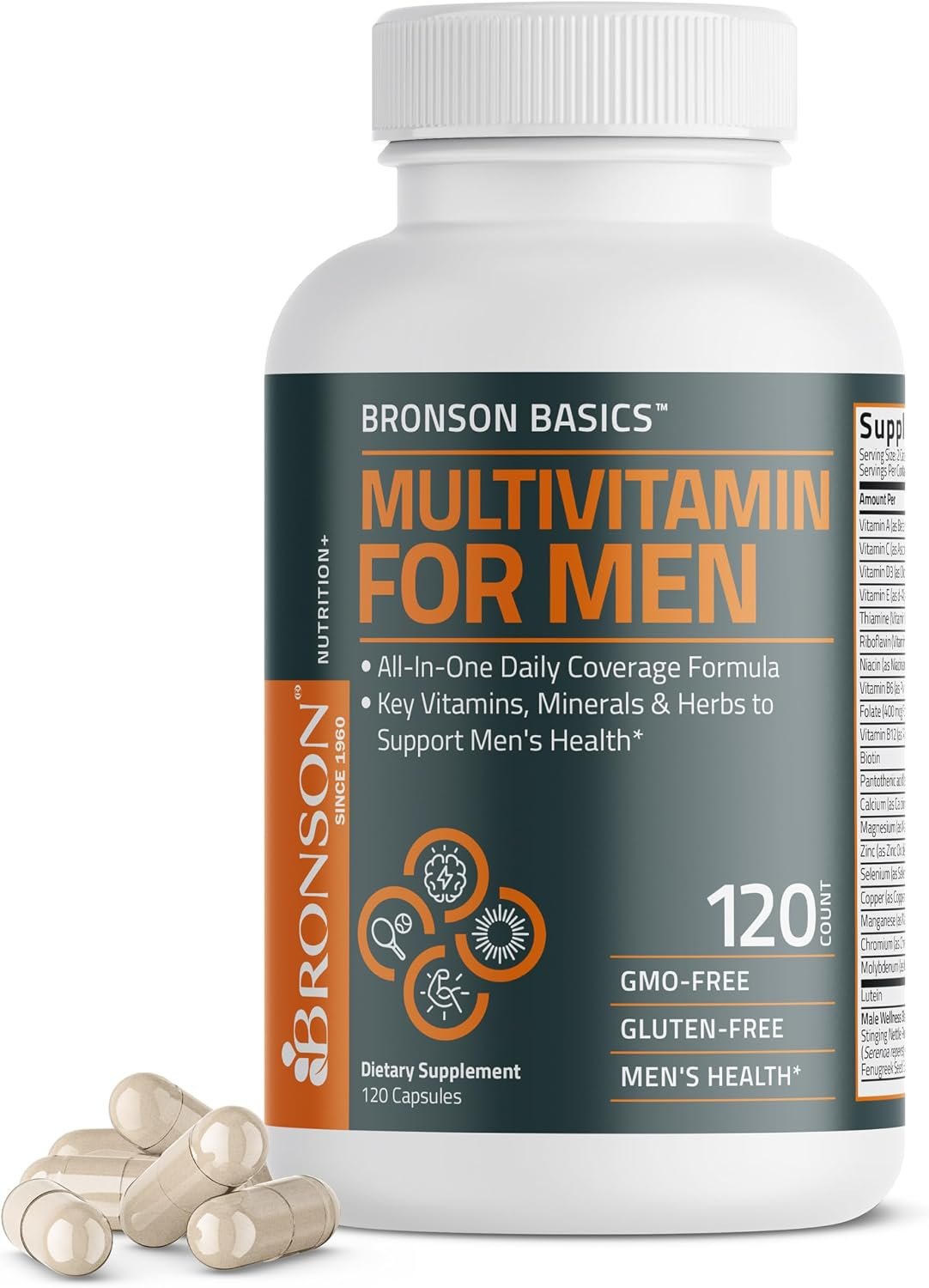 Bronson Multivitamin for Men All-in-One Daily Coverage, 120 Capsules | Once-Daily Men’s Wellness Formula with Immune, Focus & Energy Support, Ashwagandha & Saw Palmetto, Non-GMO & Gluten-Free