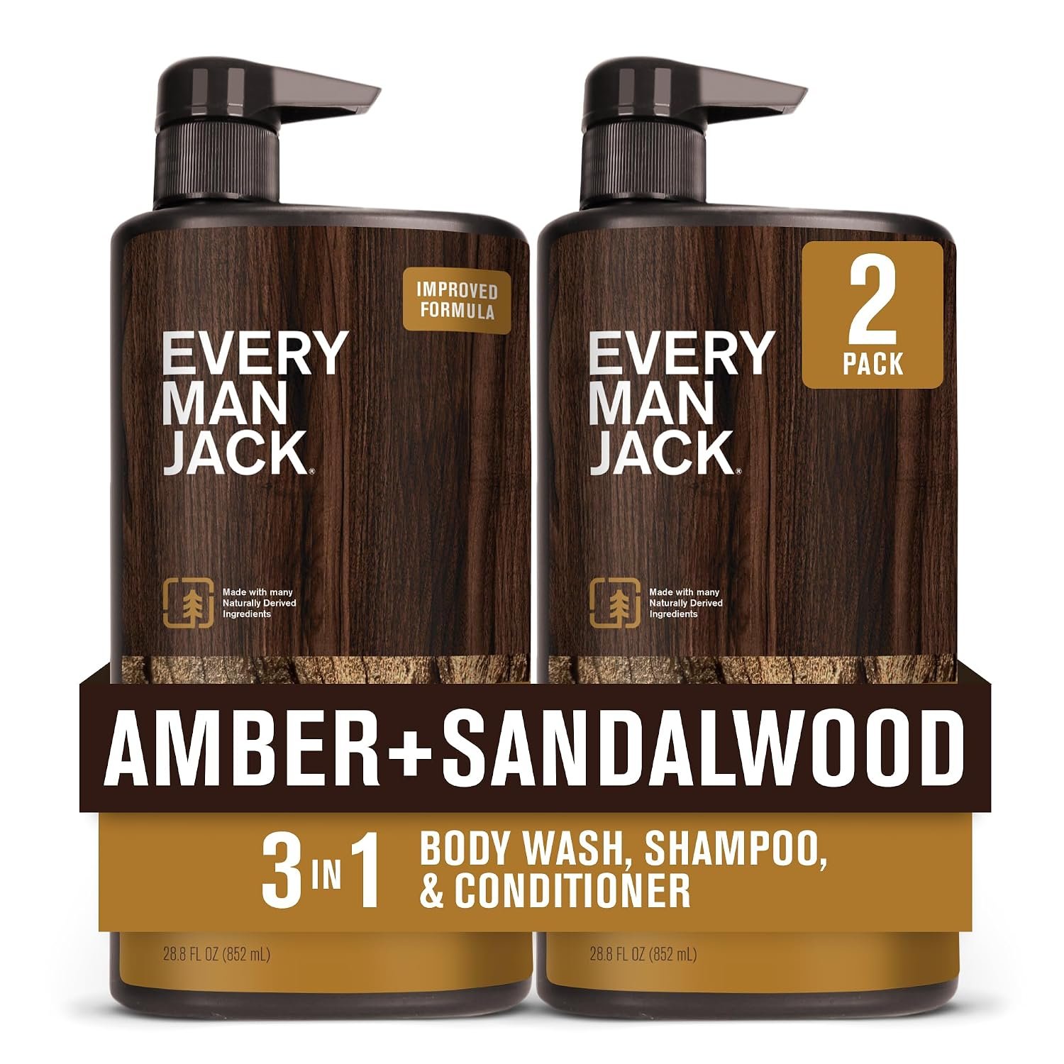 Every Man Jack 3-in-1 All Over Body Wash for Men, Amber Sandalwood, 2pk
