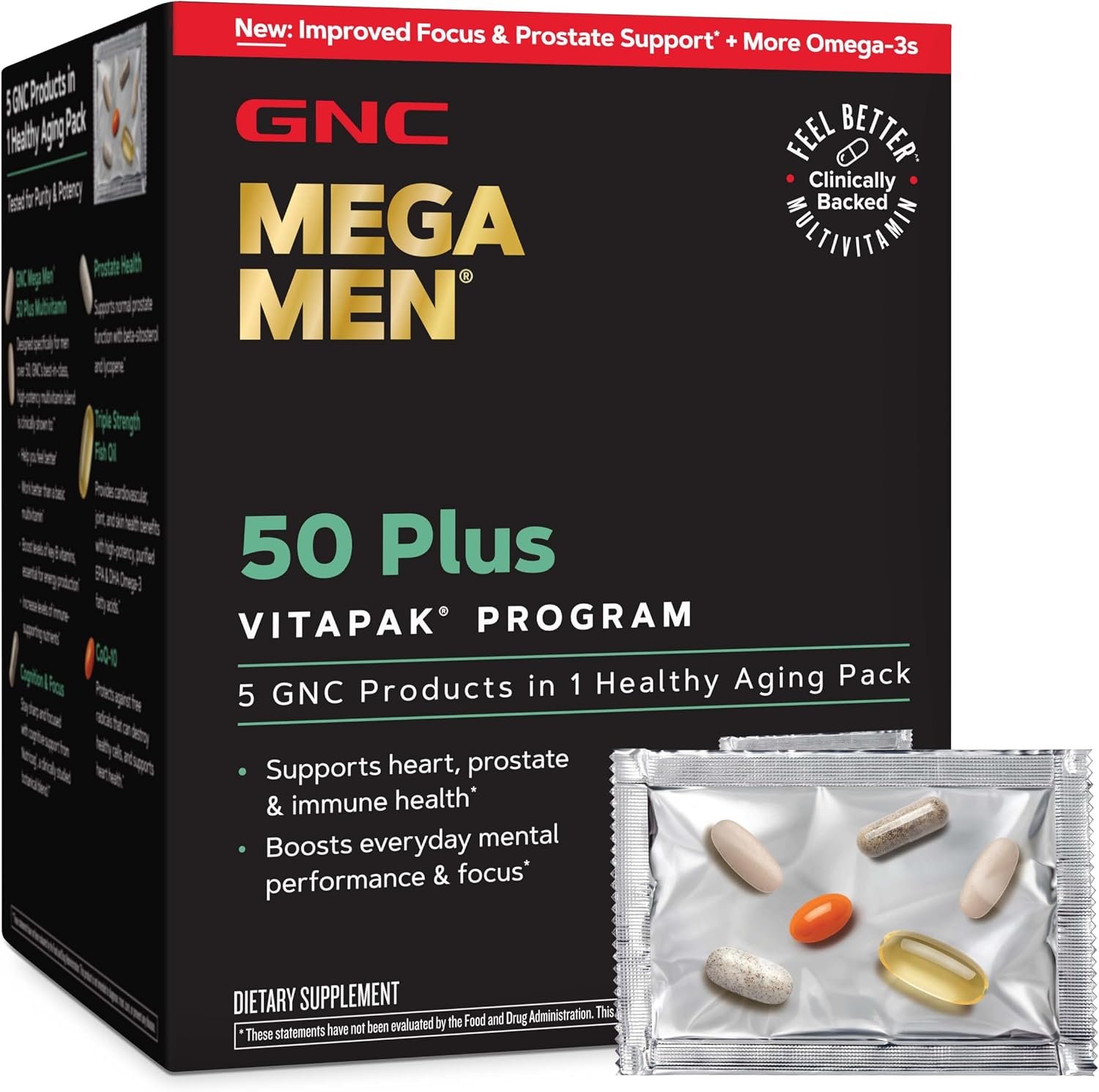 GNC Mega Men 50 Plus Vitapak Program for Men, 30 Packets, 30 Day Supply | 5-in-1 Daily Vitamin Pack with Clinically Proven Multivitamin, Fish Oil for Heart Health, and Saw Palmetto Prostate Support